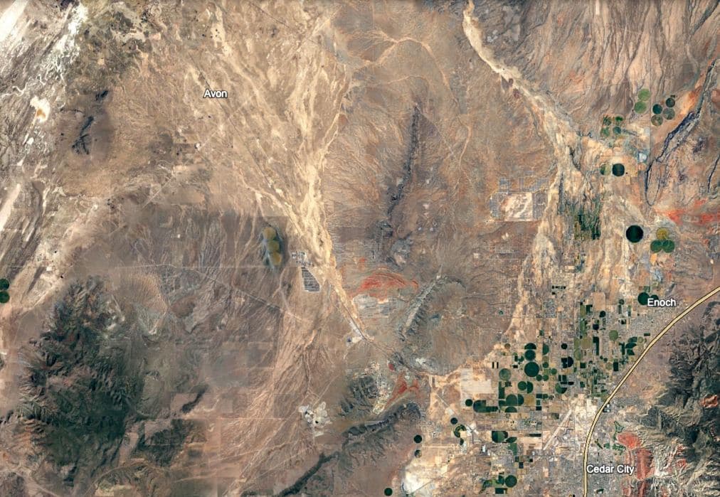 Satellite imagery of the Cedar Valley west of Cedar City, with Avon, Enoch and Cedar City labeled