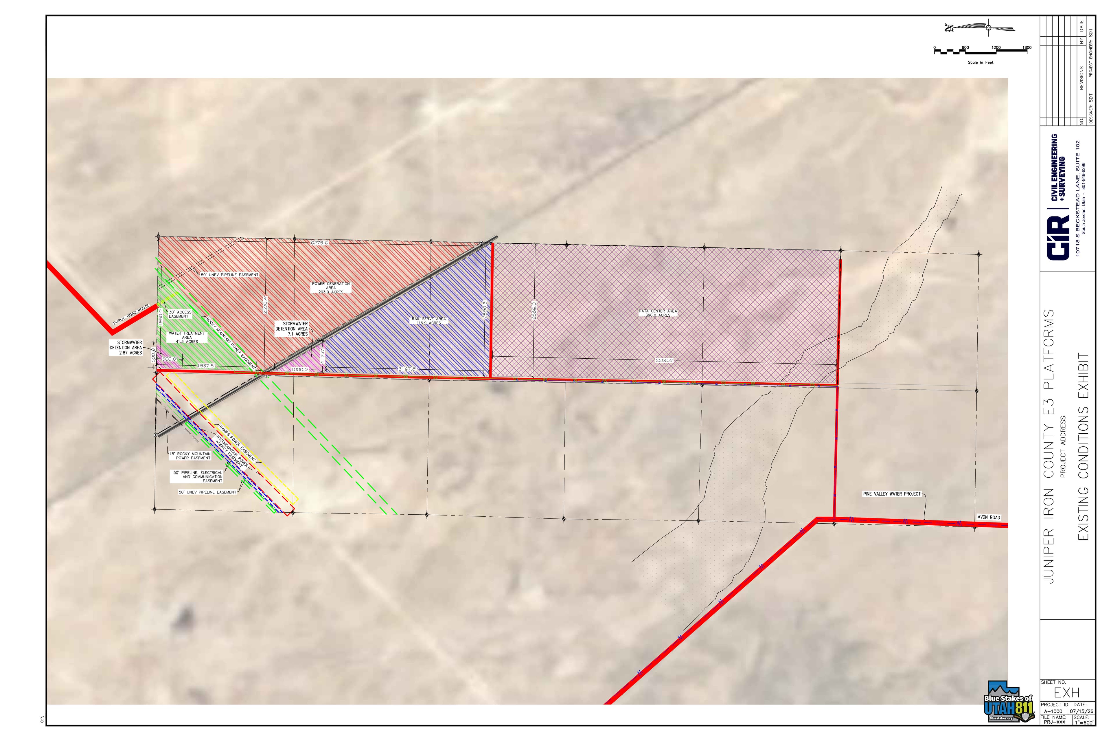Site plan drawing showing the property line, existing easements, the Union Pacific Railroad alignment, and proposed land-use areas: power generation, rail serve, water treatment, stormwater detention, and data center