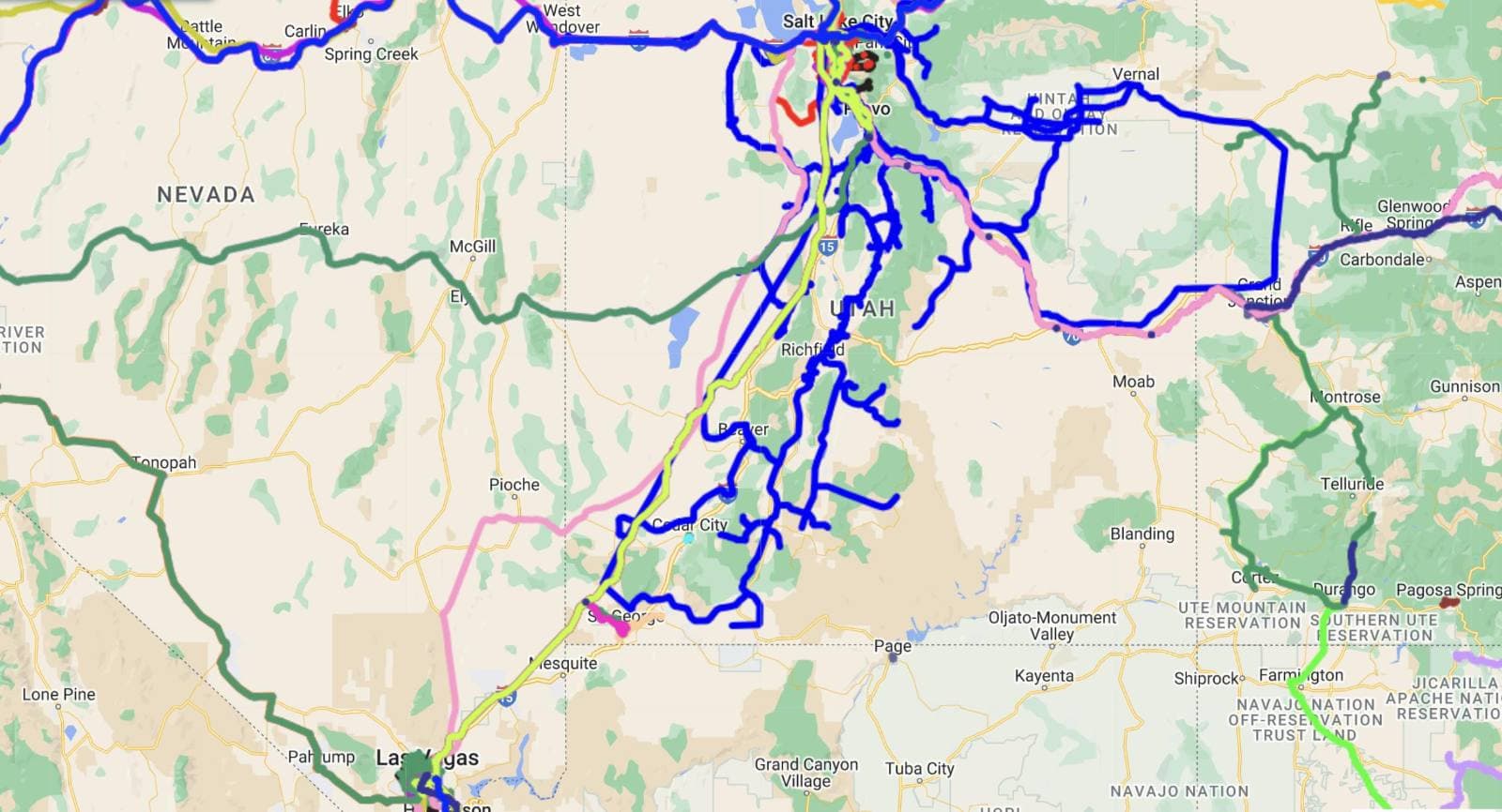 Map of the Utah rail network showing the Cedar City line and connections to Salt Lake City and Las Vegas
